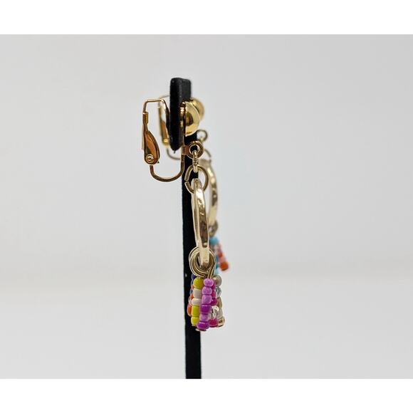 Gold Tone Circle Colorful Beaded Clip On Bohemian Boho Dangle Earrings - Picture 4 of 6